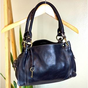 FOSSIL Black Pebbled Leather Brass Satchel Tote Shoulder Bag Purse